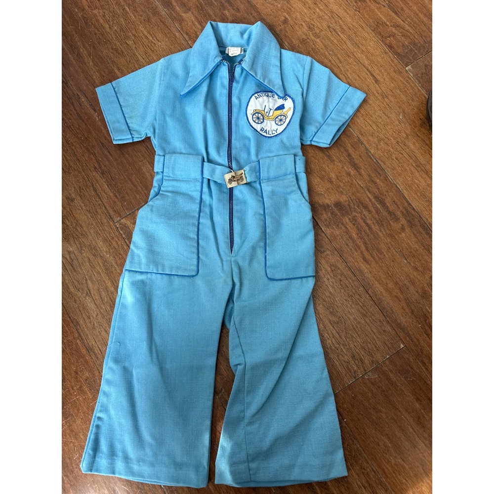 Vintage 2T Blue Zip Up Jumpsuit Romper Antique Car Rally‎ Belt Buckle NOS NEW